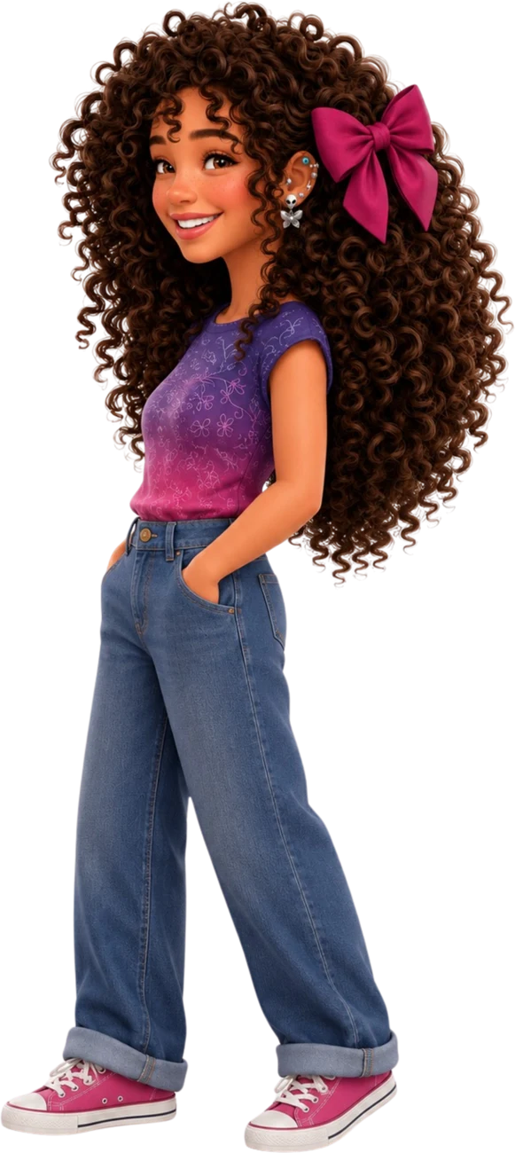 Samsum Teens character with long curly hair and a pink bow