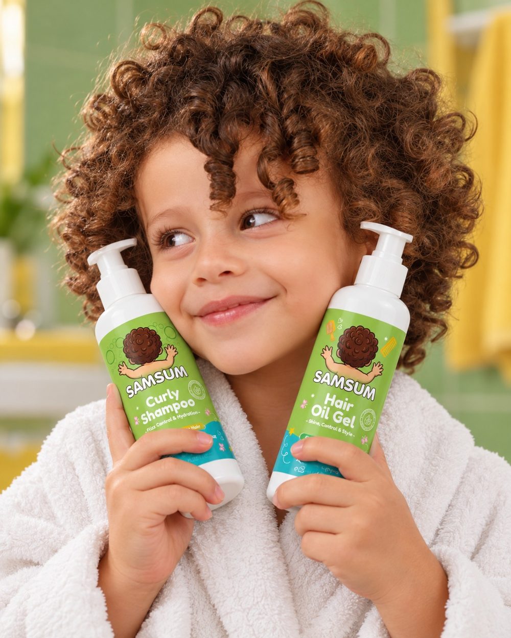 Smiling curly-haired child holding Samsum Curly Shampoo and Hair Oil Gel