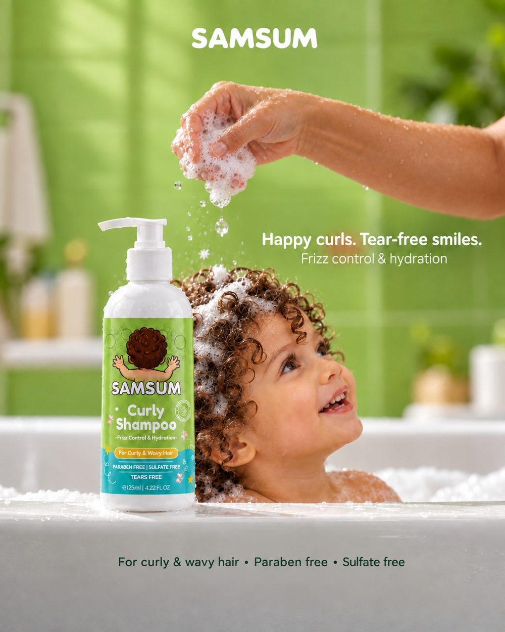 Toddler in a bubble bath next to Samsum Curly Shampoo