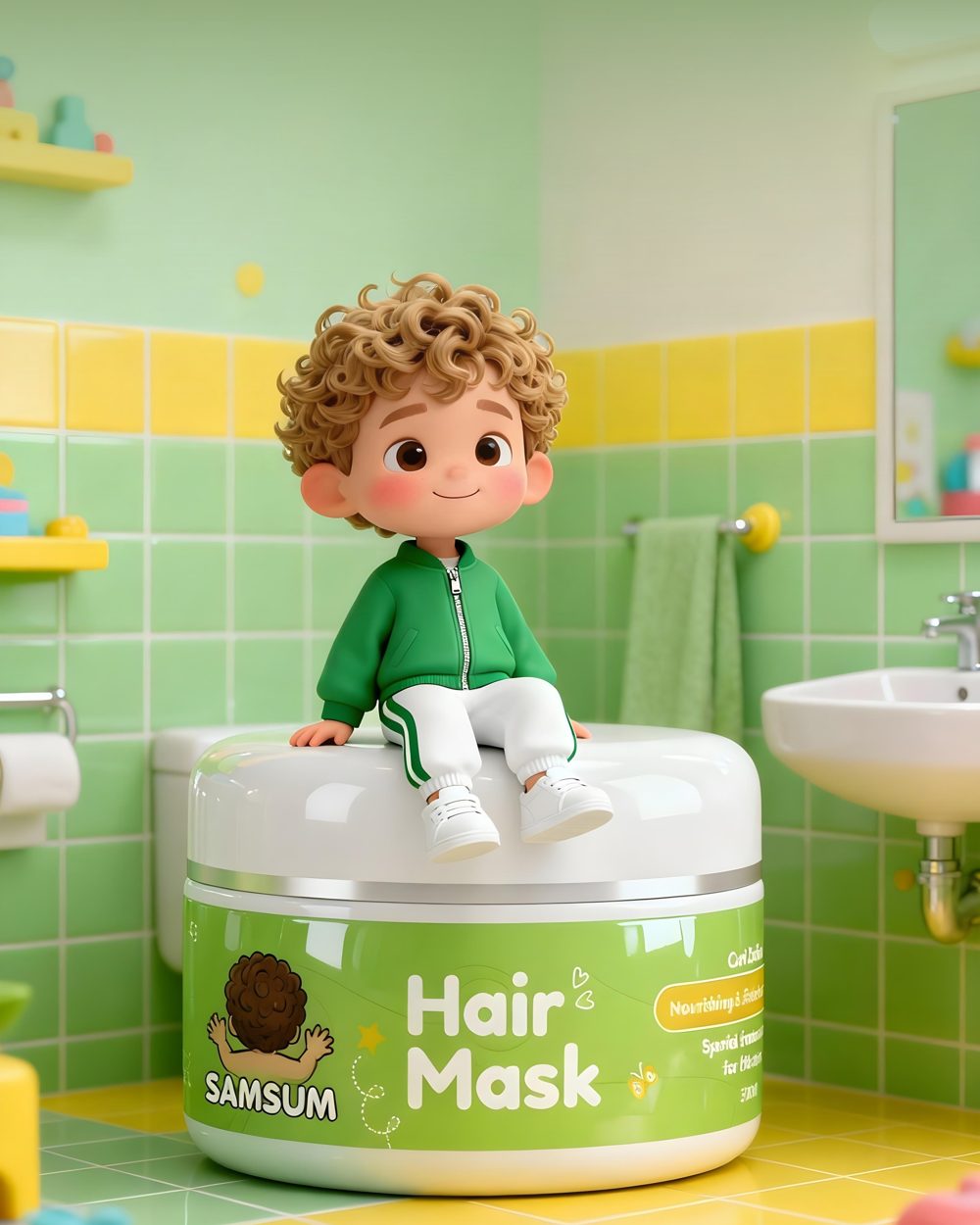 Samsum Kids character sitting on a Hair Mask jar
