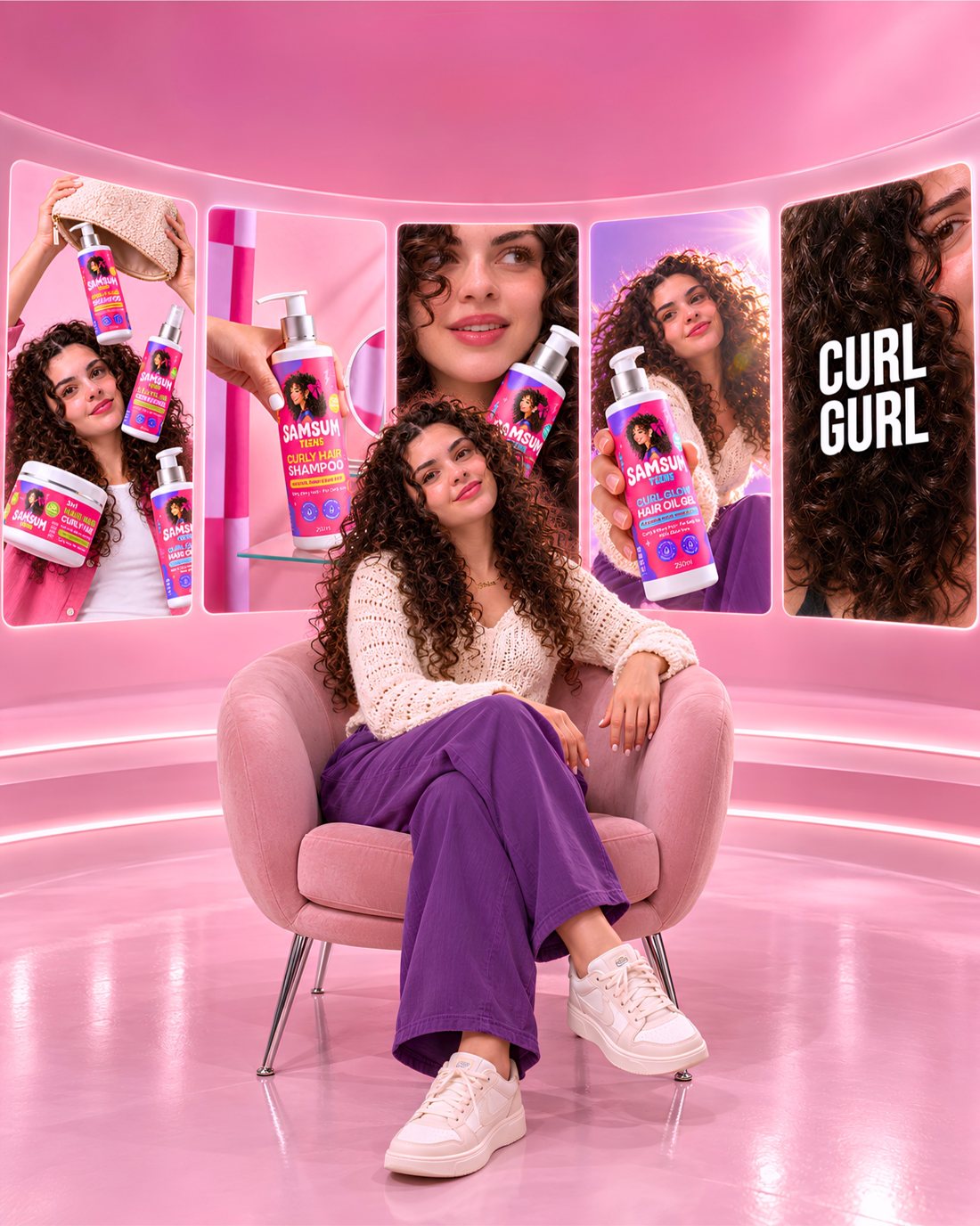 Girl with long curls sitting in a pink studio surrounded by Samsum Teens photos