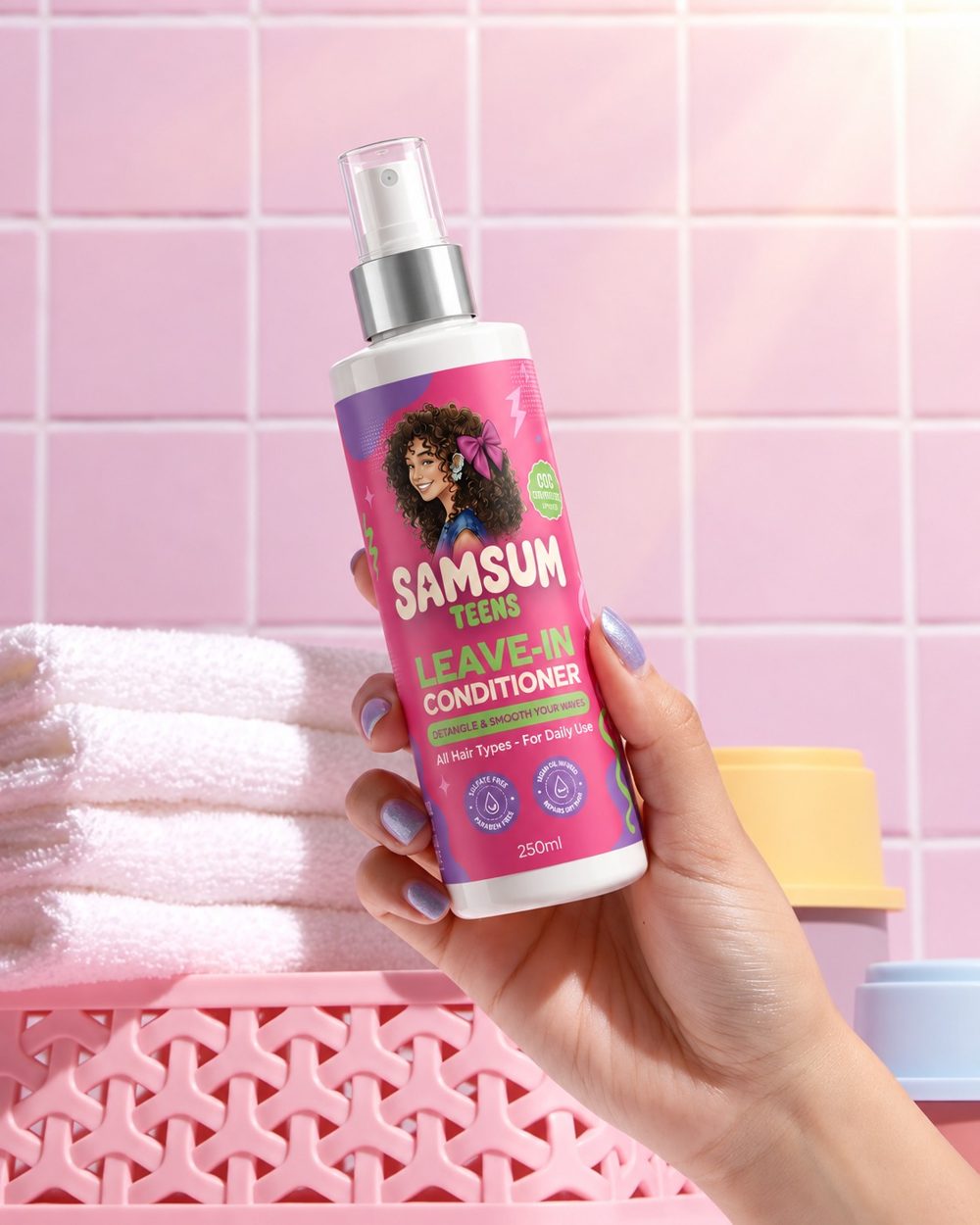 Hand holding Samsum Teens Leave-In Conditioner