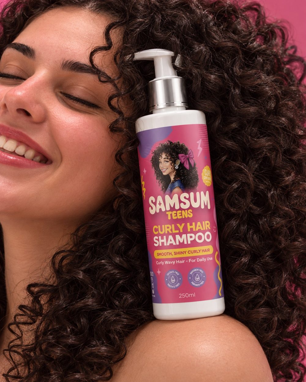 Smiling girl with Samsum Teens Curly Hair Shampoo