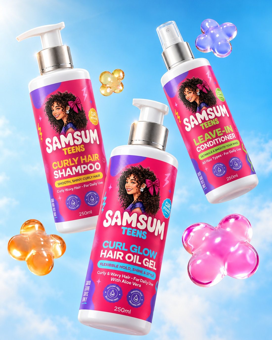 Samsum Teens Curly Hair Shampoo, Leave-In Conditioner and Curl Glow Hair Oil Gel floating in a blue sky